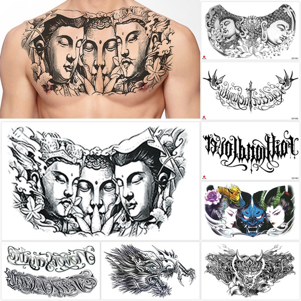 Large Size Chest Temporary Tattoos for Men, Dragon Buddha Beauty Women Letters Designs, on Shoulder Thorax Back Body Art 7.5''x12.6”
